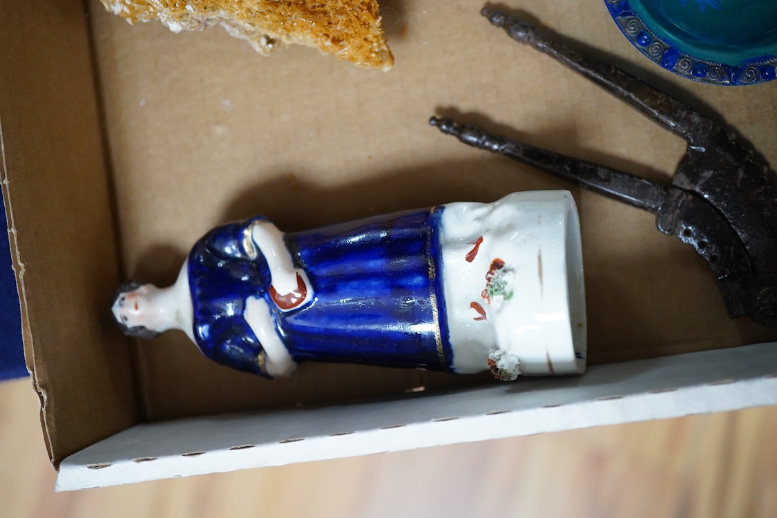 A collection of sundry items to include a carved bust of Nefertiti, crystal specimens, Roman style vase with trailed decoration and a table bell